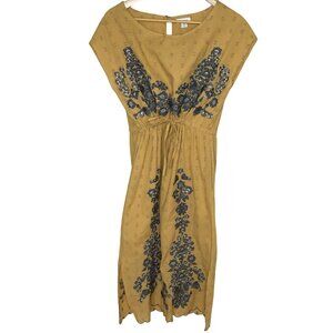 SUNDANCE Mustard Yellow Embroidered Sequin Midi Dress M Boho Cotton  Festival